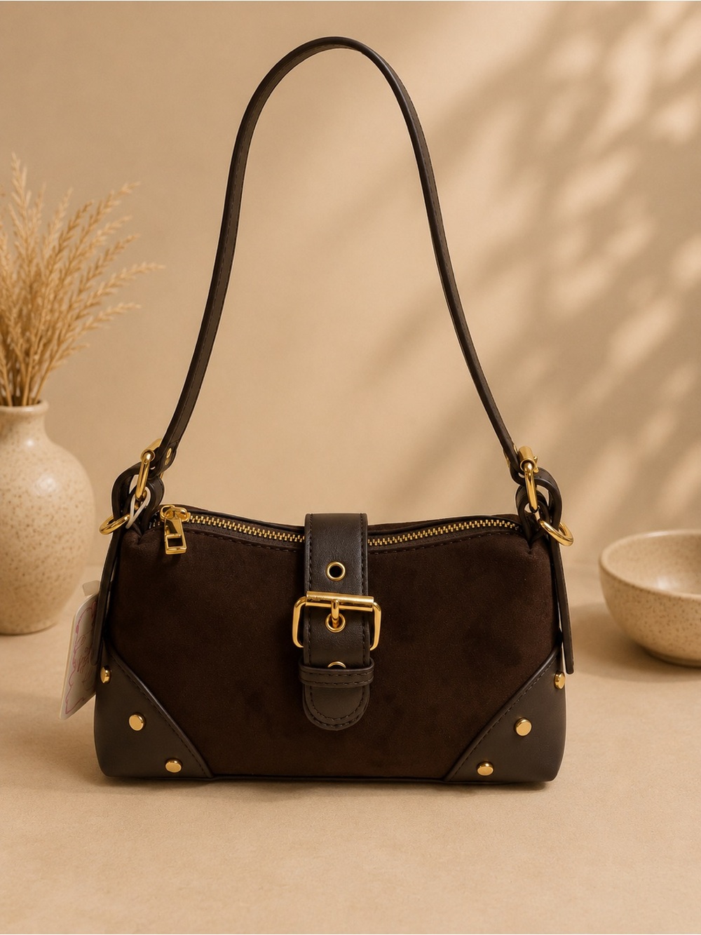 Elegant Dark Brown Suede Shoulder Bag with Gold Buckle Detail